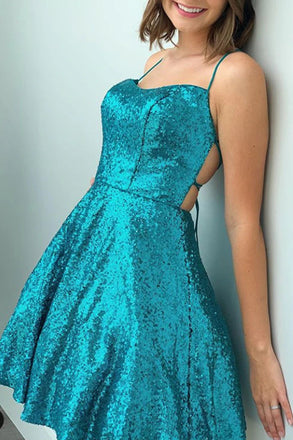 Spaghetti Straps Blue Sequins Short Homecoming Dress,Mini Dress chh0064