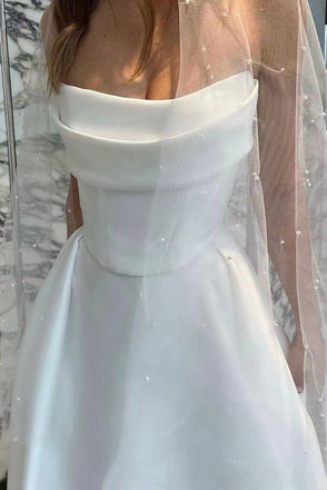 Simple White Satin Beach Wedding Dresses, Ivory Bridal Gowns With Slit CHW0132