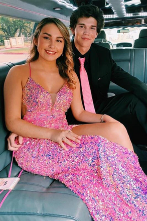 Sparkly Hot Pink Sequined V-Neck Mermaid Formal Dresses, Long Prom Dress with Sequins CHP0117