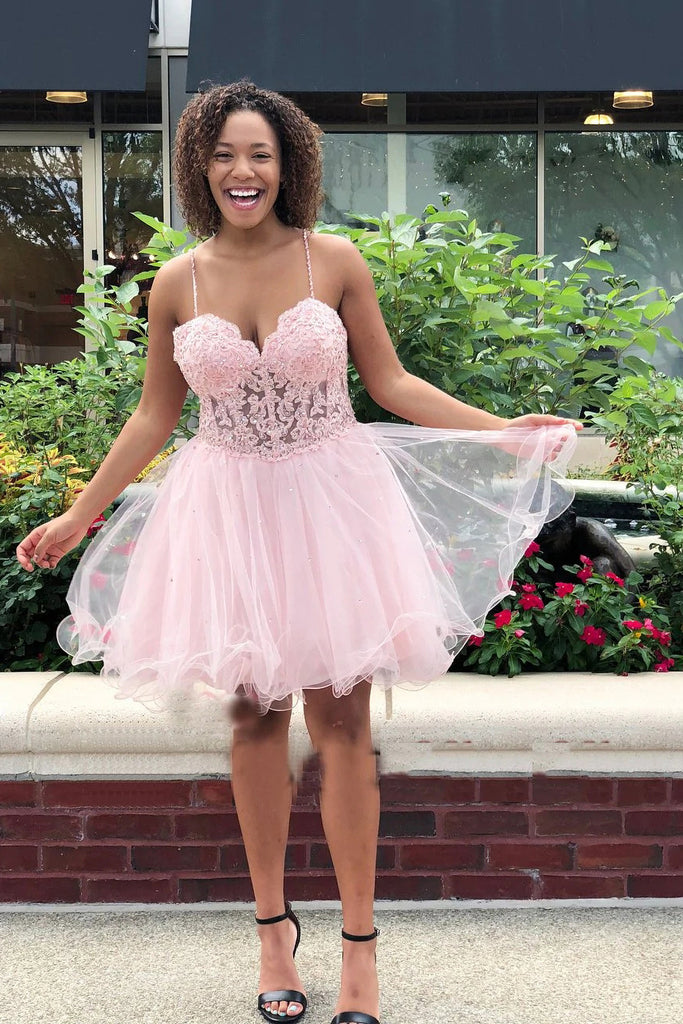 Pink Spaghetti Straps Sweetheart Short Prom Dress, A Line Organza Plea cherishgirls Pink Spaghetti Straps Sweetheart Short Prom Dress, A Line Organza Plea cherishgirls