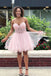 Pink Spaghetti Straps Sweetheart Short Prom Dress, A Line Organza Pleated Lace Homecoming Dresses chh0102