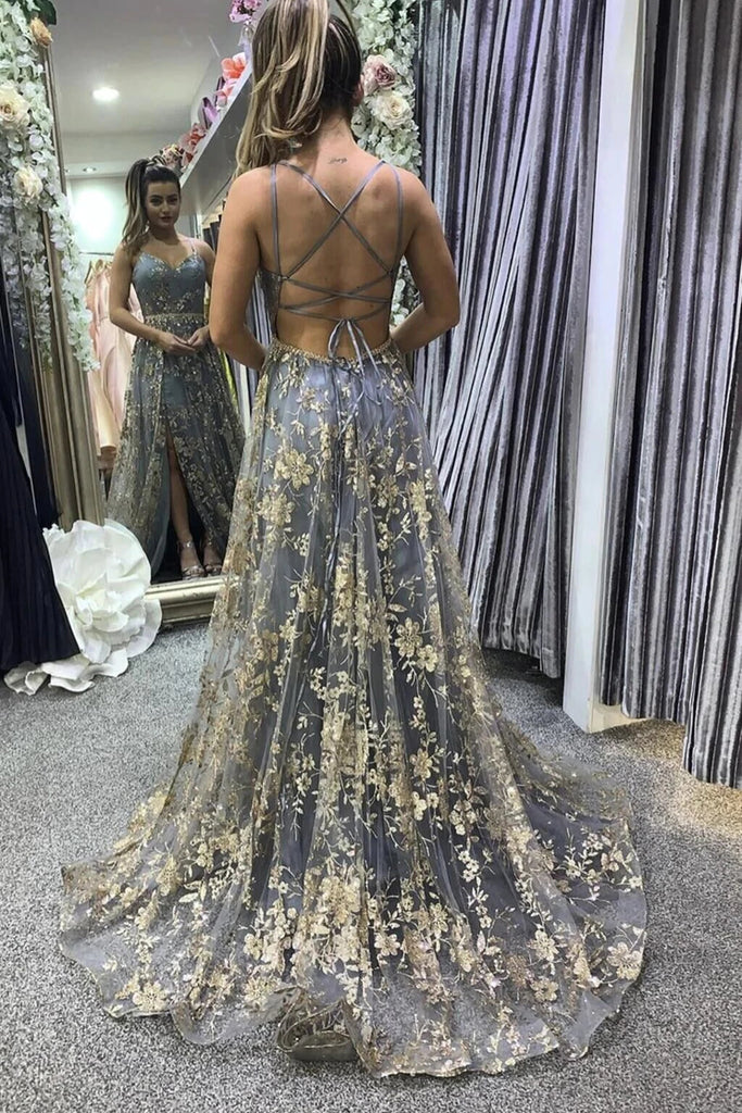 A line V-Neck Gray Tulle Long Prom Dress With Lace,Spaghetti Straps Evening Gown CHP0116