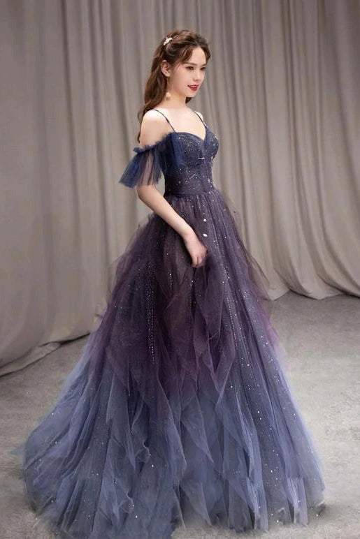 Gorgeous A-Line Tulle Long Prom Dress, Shiny Spaghetti Straps Formal Gown CHP0123