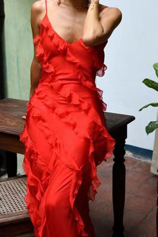 New Red Ruffles V Neck Long Formal Dress, Elegant Evening Dress CHP0229