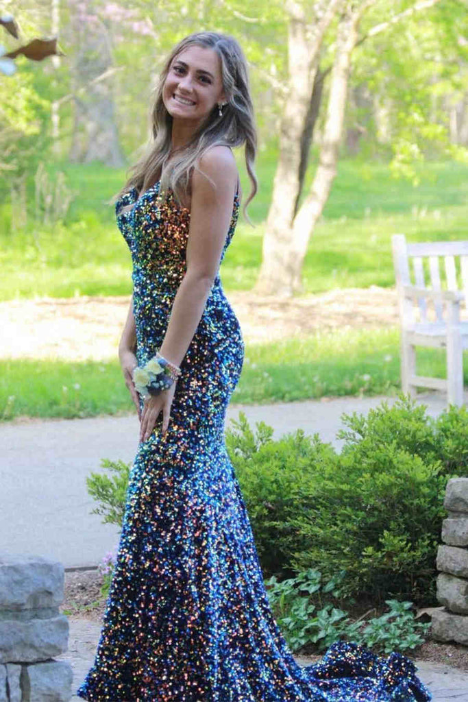 Glitter Black Sequined Mermaid Prom Dress,Sparkly V-neck Party Gown CHP0139