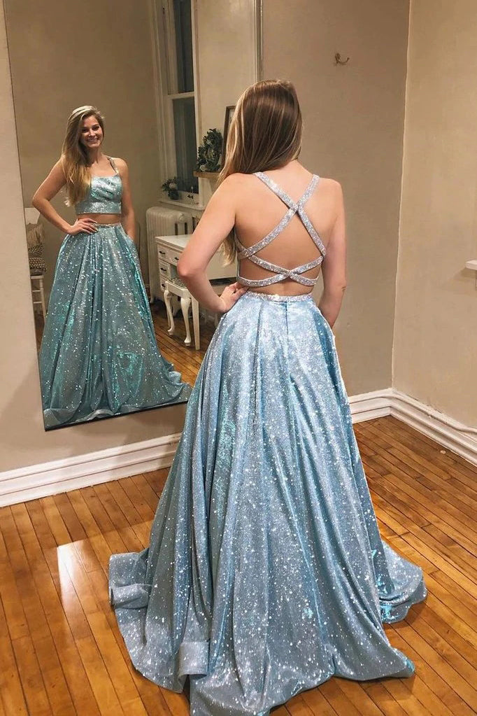 Sparkly A-Line Two Pieces Long Prom Dresses With Pockets,Evening Dress CHP0120