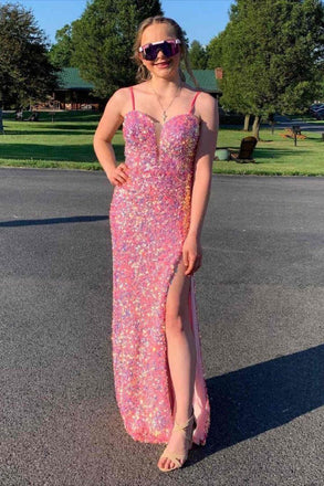 Sequins Spaghetti Straps Mermaid Long Prom Dresses, Backless Evening Gown CHP0170