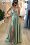 Simply Mint Green Long Prom Dress With Slit, Spaghetti Straps Slit Evening Gown CHP0152