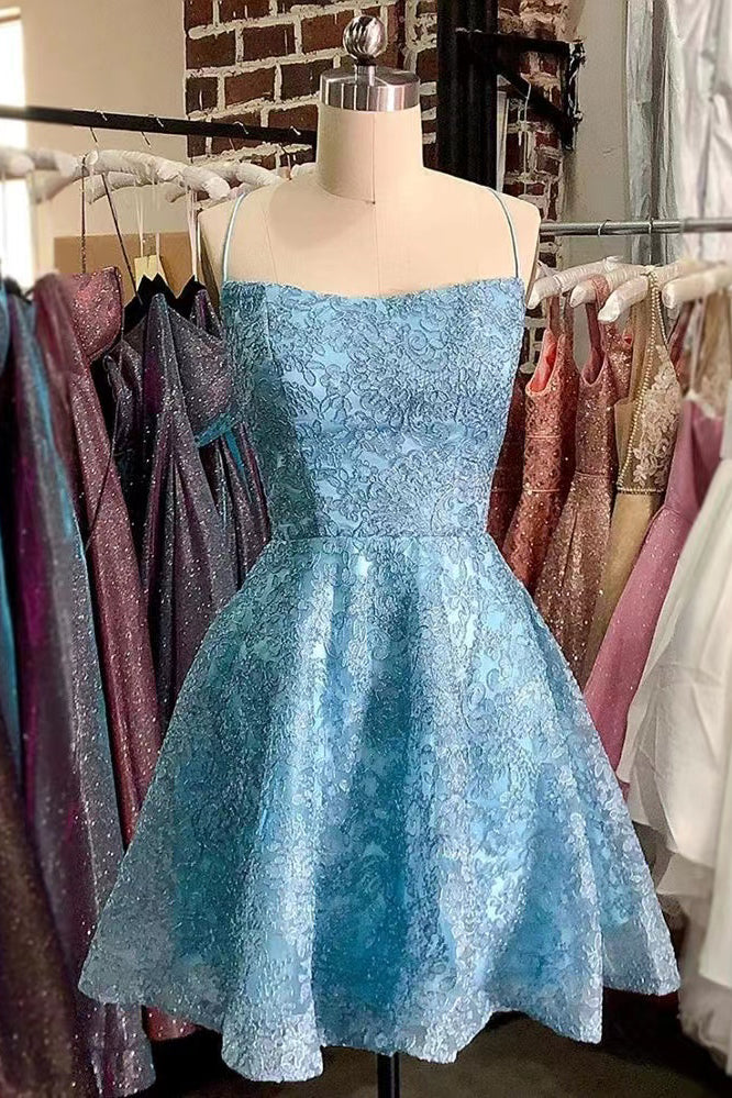 Blue Spaghetti Straps Mini Prom Dress Homecoming Dress Lace Party Gown, Graduation Dress chh0106