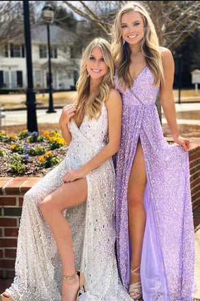 Sequins Lavender Silver Spaghetti Straps V Neck Prom Dresses With Slit, Evening Gown CHP0153