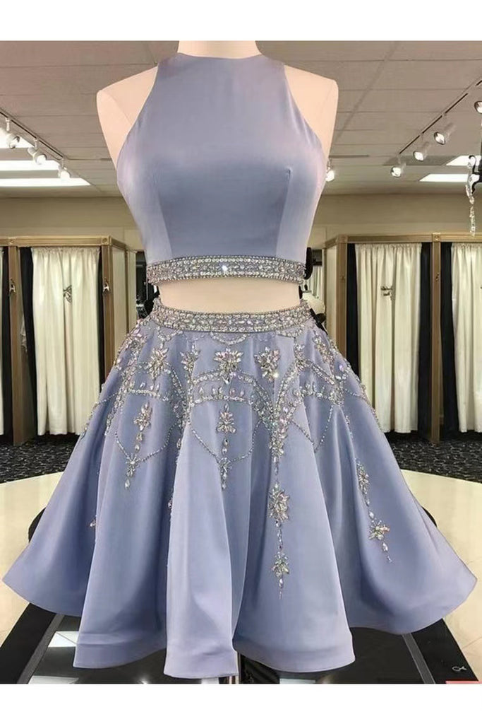 A Line 2 Pieces Beaded Satin Short Homecoming Dresses, Scoop Party Gow cherishgirls A Line 2 Pieces Beaded Satin Short Homecoming Dresses, Scoop Party Gow cherishgirls