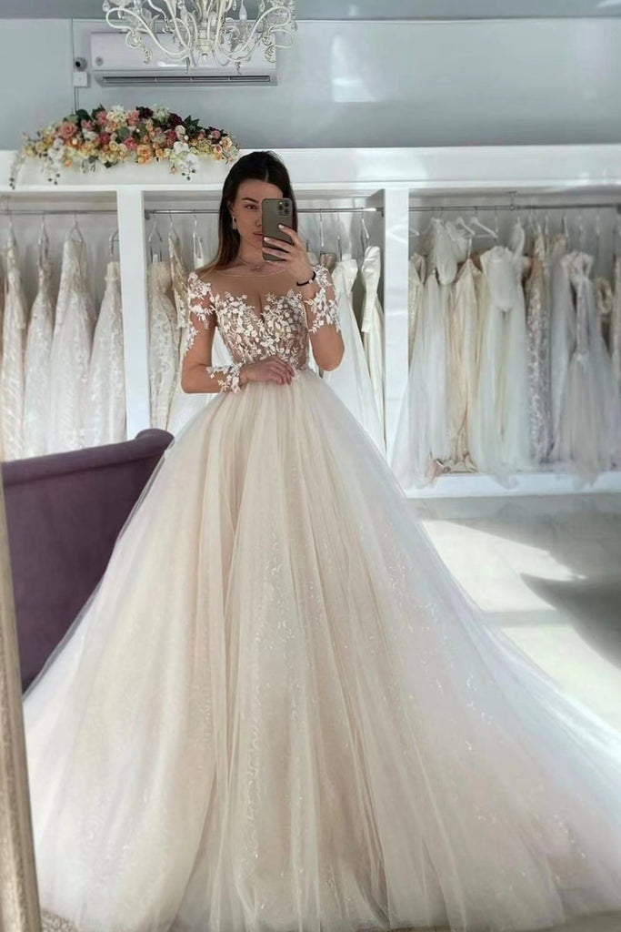 Champagne Tulle Lace Long Wedding Dress ,Beach Bridal Gown With Appliq – cherishgirls