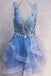 Short Blue Lace V-neck Homecoming Dressess,A-Line Party Gowns chh0092