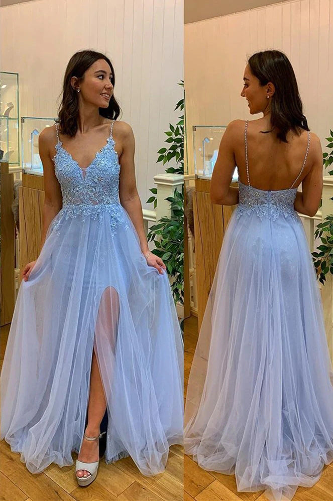 Light Blue Lace Long Prom Dress with High Slit,Tulle Formal Evening Dress CHP0149