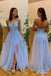 Light Blue Lace Long Prom Dress with High Slit,Tulle Formal Evening Dress CHP0149