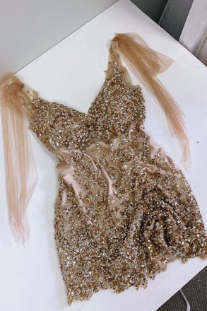 Glitter A line V neck Sequined Short Homecoming Dresses, Tight Short Party Gown chh0132