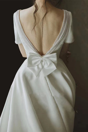 Simple White Satin V Back Beach Wedding Dresses, Ivory Bridal Gowns With Bowknot CHW0135