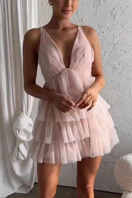 Pink Tulle V Neck Homecoming Dress, Criss-cross Back Hoco Dress chh0142
