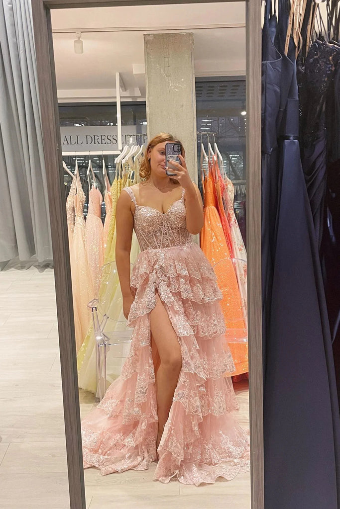Shiny Off The Shoulder Long Prom Dress With Layers ,Formal Gown With Sequins Lace CHP0226