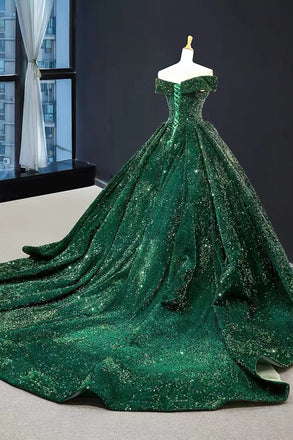 Shiny Green Sequins Ball Gown Prom Dresses, Gorgeous Off the Shoulder Quinceanera Dresses CHP0178