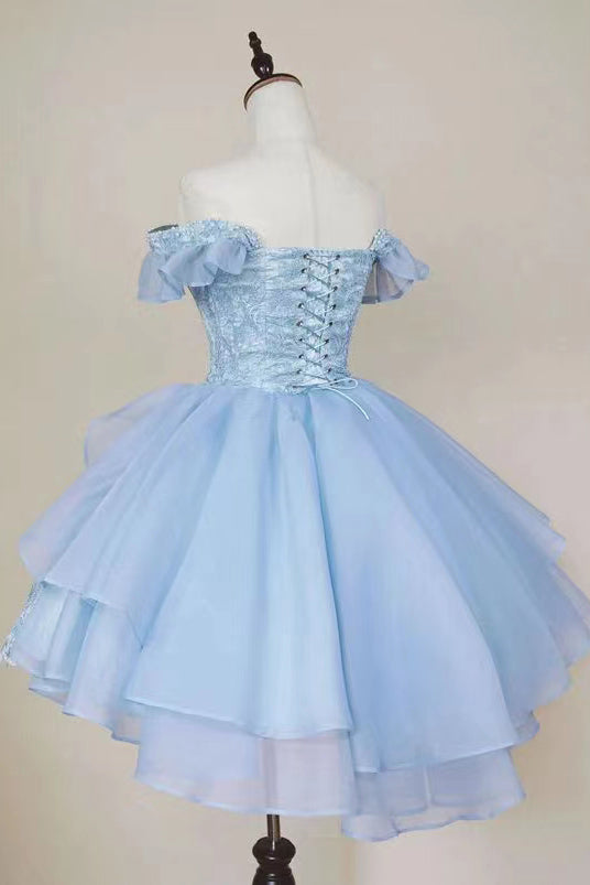 Vintage Classic Lolita Jumper Dress,Off-the-Shoulder Blue Lace Applique Short Homecoming Dress chh0090