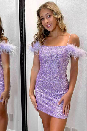 Gorgeous Sequins Bodycon Mini Homecoming Dress With Feather, Spaghetti Straps Short Party Dress chh0121