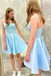 Blue Satin Lace Up Beads Belt Short Prom Dress, Homecoming Dress chh0116