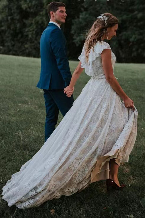 Cap Sleeves Lace V Back Beach Wedding Dresses, Elegant Bride Gowns CHW0137