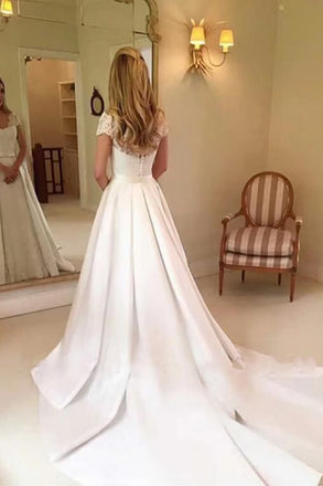 Simple A-Line Short Sleeves Beach Wedding Dresses With Brush Train, Bridal Gown CHW0152