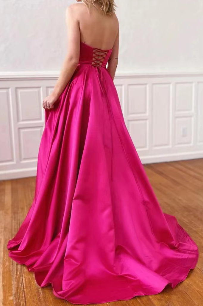 Hot Pink Satin Strapless Prom Dresses, Long Formal Evening Dresses CHP0171