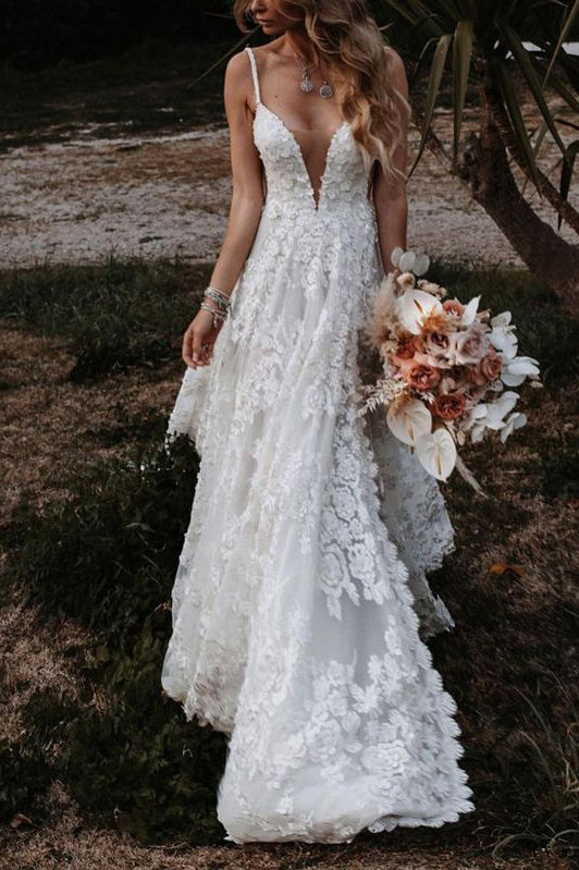 Deep V-Neck Spaghetti Straps Lace Appliques Wedding Dresses, Bridal Gown CHW0159