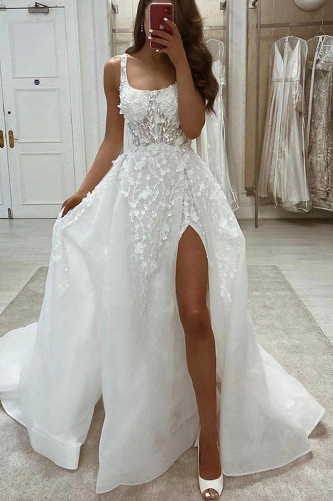 A Line White Lace Wedding Dresses,Square Neck Bridal Gown With Appliqu cherishgirls A Line White Lace Wedding Dresses,Square Neck Bridal Gown With Appliqu cherishgirls