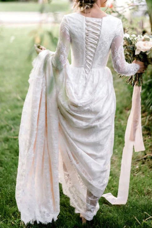 Long Sleeve Lace Round Neck Beach Wedding Dresses, Elegant Bride Gowns CHW0154