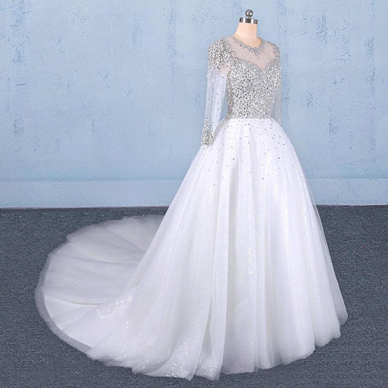 Puffy Long Sleeves Tulle White Wedding Dress, Shiny Long Bridal Dresses UQ2345