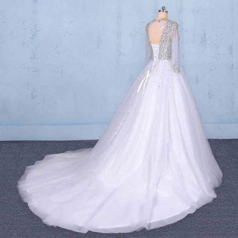 Puffy Long Sleeves Tulle White Wedding Dress, Shiny Long Bridal Dresses UQ2345