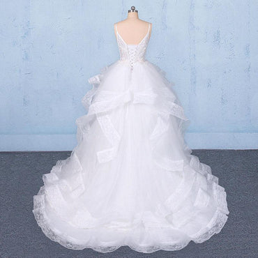 Spaghetti Straps Floor Length Tulle Wedding Dress with Ruffles, Long Bridal Dress UQ2347