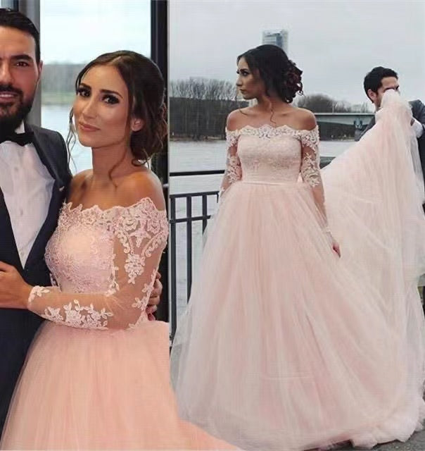 Fashion Long Sleeves Lace Off the Shoulder Light Pink Wedding Dresses cherishgirls Fashion Long Sleeves Lace Off the Shoulder Light Pink Wedding Dresses cherishgirls