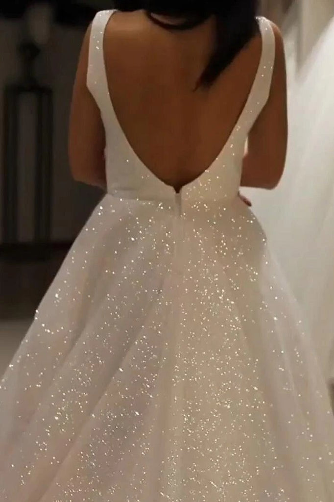 sparkly backless wedding dresses Spaghetti Strap Ivory Tulle Beach Wedding Dresses Rhinestone Backless Bridal Dress AWD1271