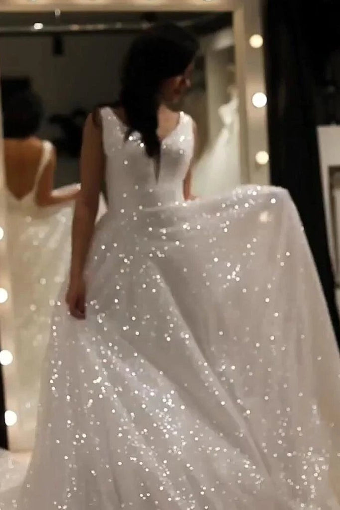 A-line V-neck Sparkly Wedding Dress, Sequin Backless Prom Bride Dress chw0028