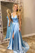 Light Blue V Neck Simple Prom Gown, A Line Sleeveless Formal Dress with Train UQ1708