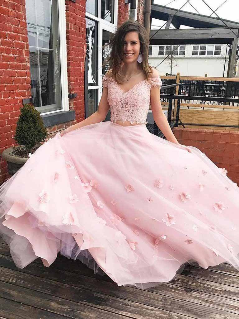 Two Piece Off the Shoulder Tulle Prom Dress with Lace, A Line 2 Piece Long Formal Dress UQ1705