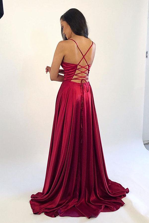 Burgundy Spaghetti Strap Sleeveless Split Prom Dress, Simple Long Evening Dresses UQ1707