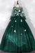 Dark Green Long Sleeves Ball Gown Sweet Dresses, Green Tulle Round Neckline Prom Dresses chp0021
