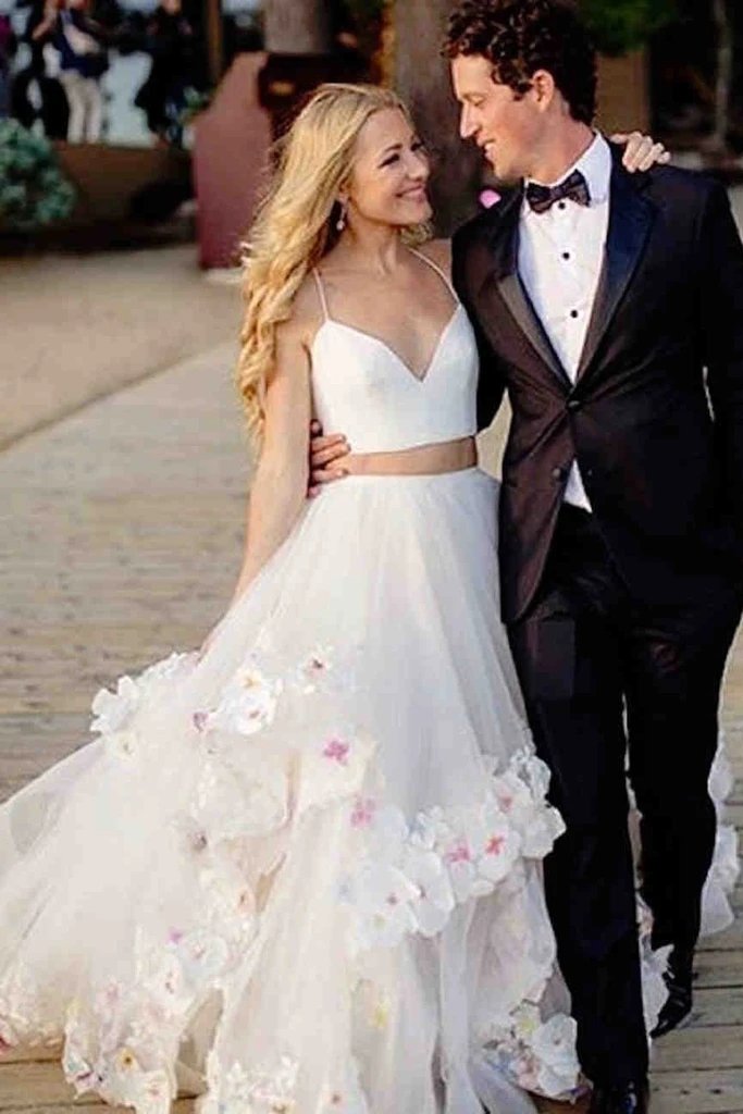Stylish A-Line Two Piece Spaghetti Tulle Long Prom/Wedding dress with Flowers UQW0011