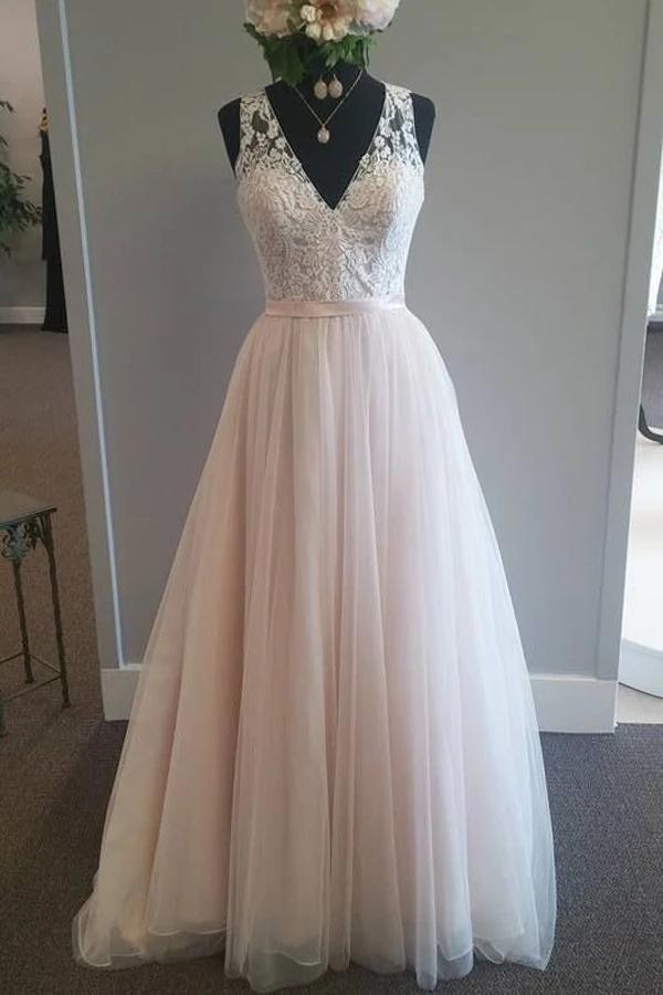 Light Pink V Neck Sleeveless Tulle Beach Wedding Dress with Lace Appliques, A Line Bridal Dress N2523