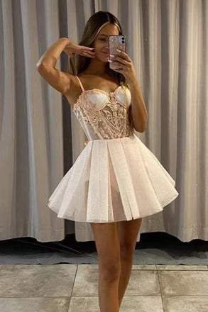 Glitter Spaghetti Strap Sleeveless Tulle Homecoming Dresses, Graduation Dresses, Sweet Dress chh0109