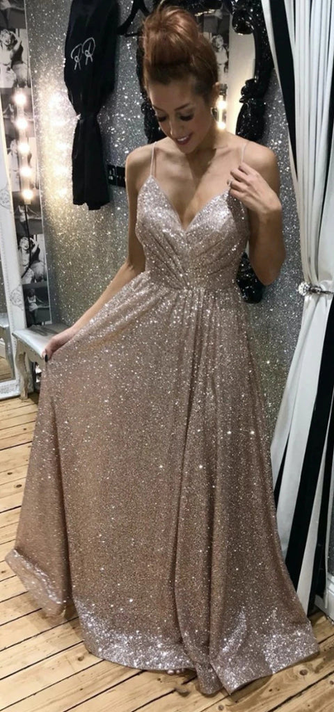 Stunning Formal Evening Gowns, Shiny Spaghetti Straps Long Prom Dresses chp0142