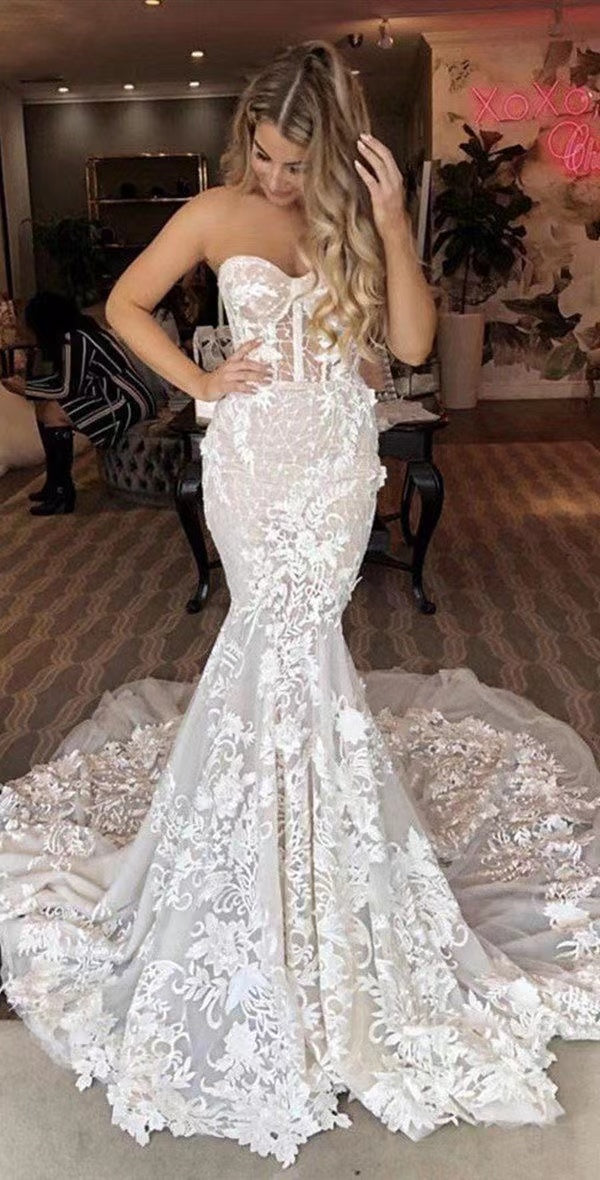 Sweetheart Fancy Long Wedding Dresses, Strapless Mermaid Lace Wedding  Dresses With Sweep Train CHW0036