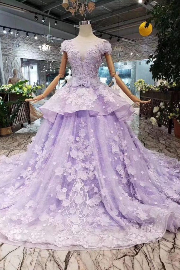Lilac Ball Gown Short Sleeve Prom Dresses with Long Train, Gorgeous Quinceanera Dress UQ1717 Lilac Ball Gown Short Sleeve Prom Dresses with Long Train, Gorgeous Quinceanera Dress UQ1717