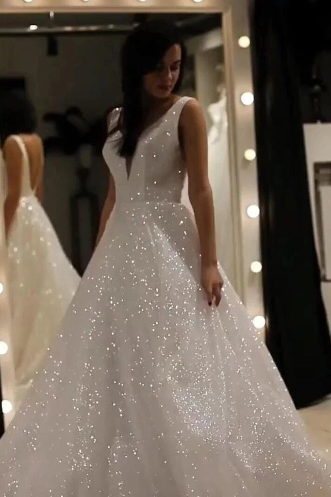 A-line V-neck Sparkly Wedding Dress, Sequin Backless Prom Bride Dress chw0028